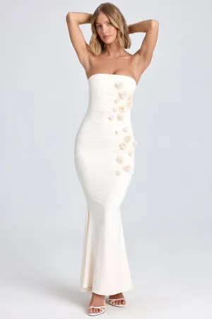 Side Slit Lantern Arm Draped Floral-Appliqu?? Maxi Dress in Ivory