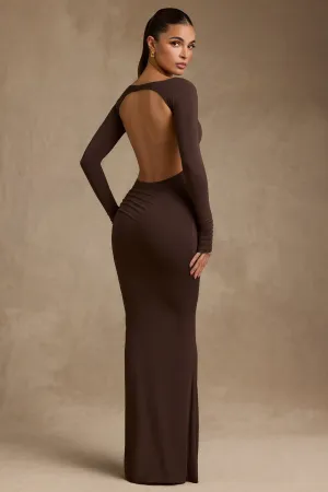 Cross Stitch Side Slit Modal Ruched Backless Maxi Dress in Chocolate Brown