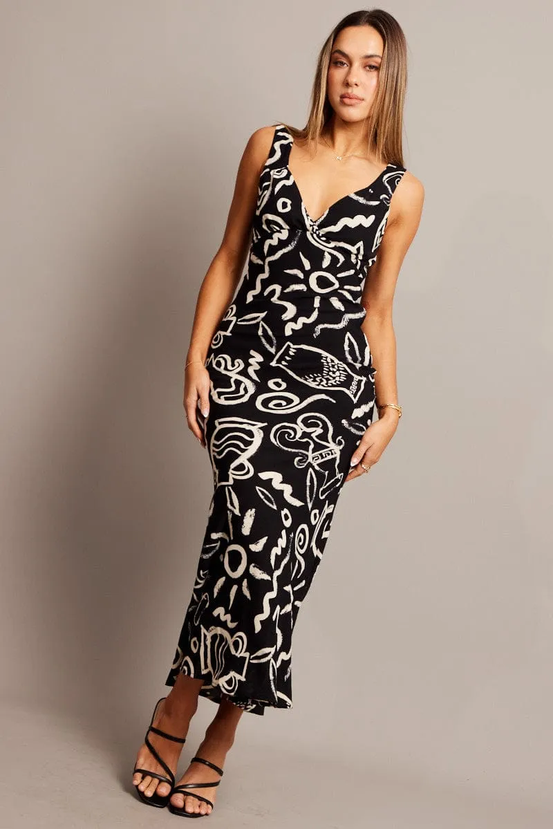 Black Abstract Slip Dress Maxi Soft fabric maxi gown