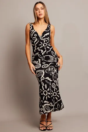 Alpine Glow Black Abstract Slip Dress Maxi