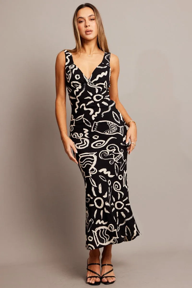Alpine Glow Black Abstract Slip Dress Maxi