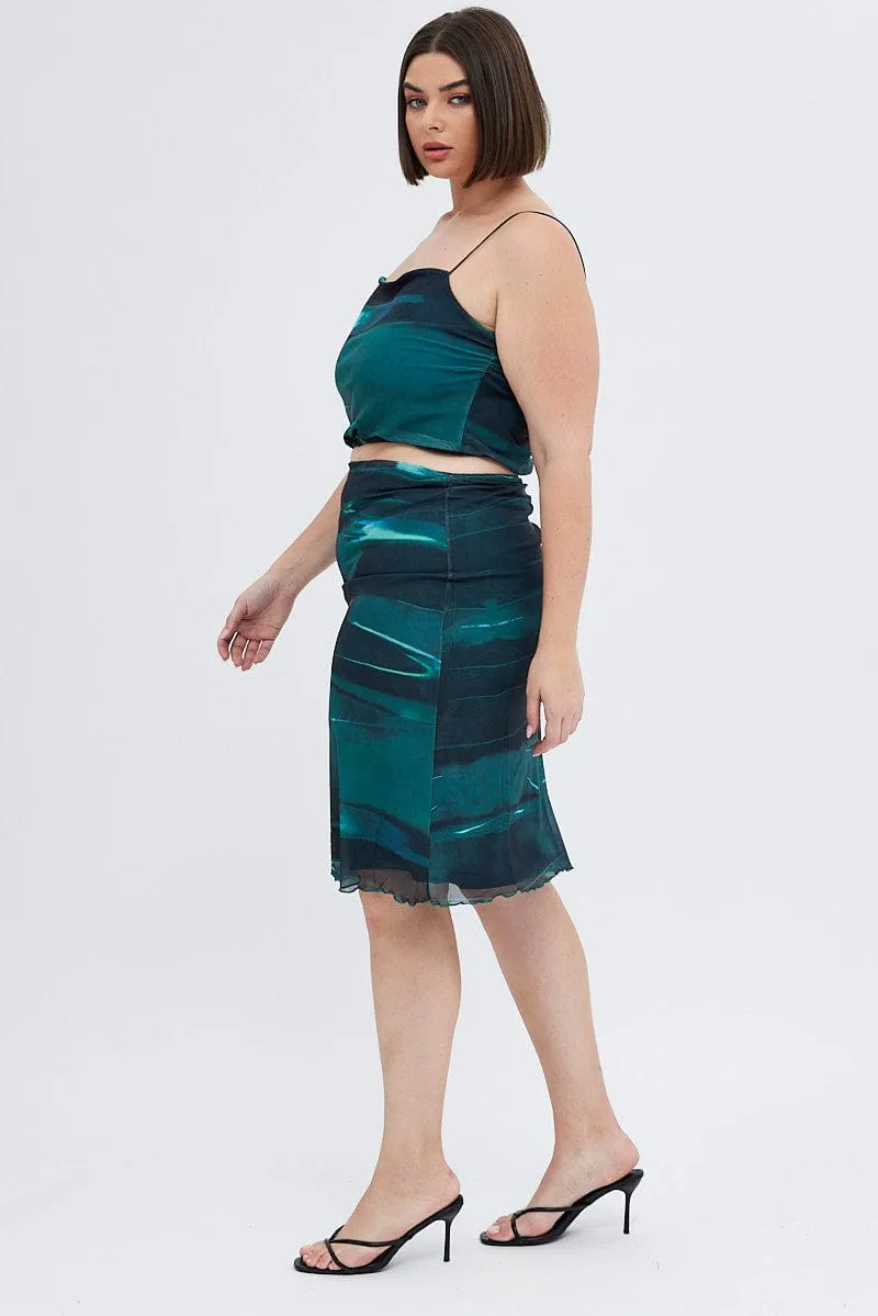 Low Maintenance Fabric Green Abstract Midi Skirt Bodycon Elastic Waist Mesh