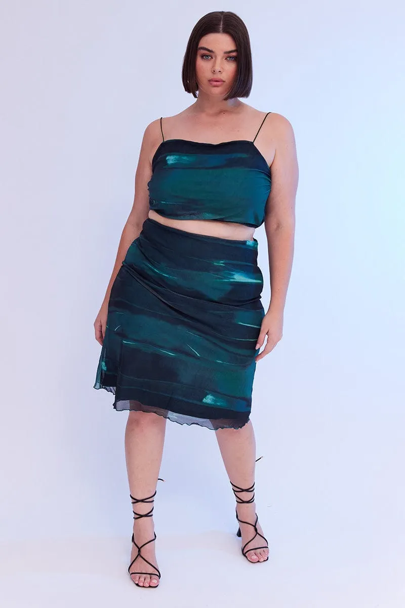 Fashion Details Striped Design Green Abstract Midi Skirt Bodycon Elastic Waist Mesh