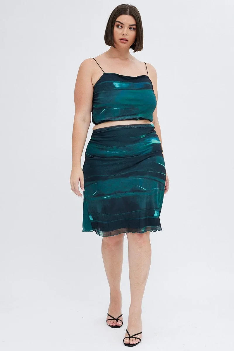 Green Abstract Midi Skirt Bodycon Elastic Waist Mesh Waist Defining Diagonal Slit