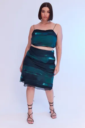 Fashion Details Striped Design Green Abstract Midi Skirt Bodycon Elastic Waist Mesh