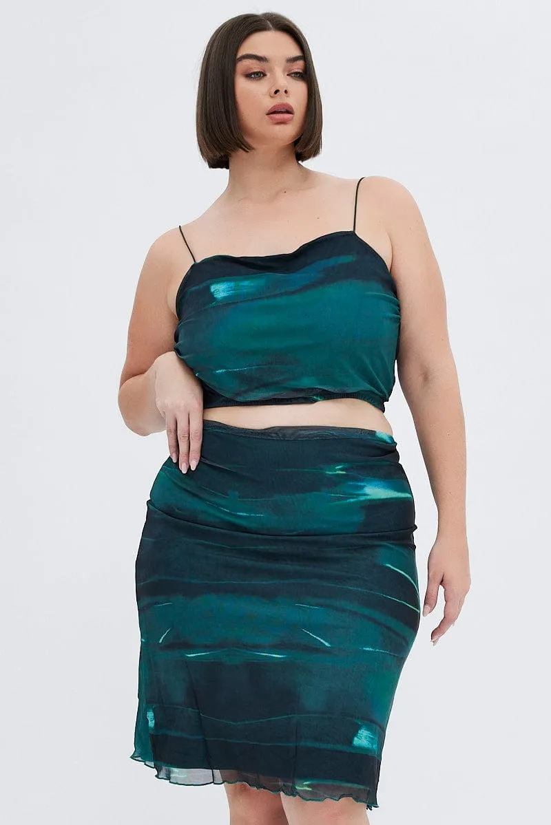Vibe Ready Green Abstract Midi Skirt Bodycon Elastic Waist Mesh