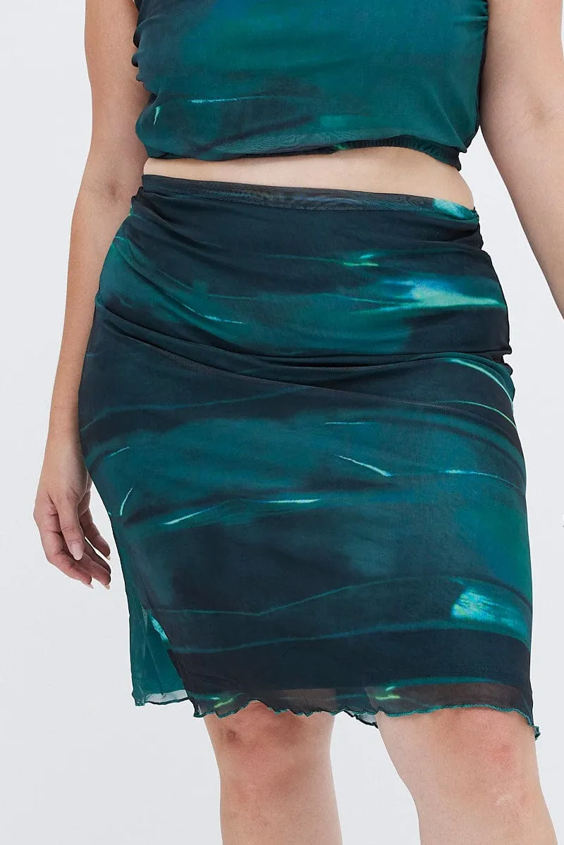Runway Ready Green Abstract Midi Skirt Bodycon Elastic Waist Mesh