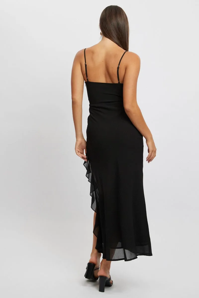 Palm Shade Suede Glow Black Bodycon Dress Maxi Ruffle Slit Chiffon