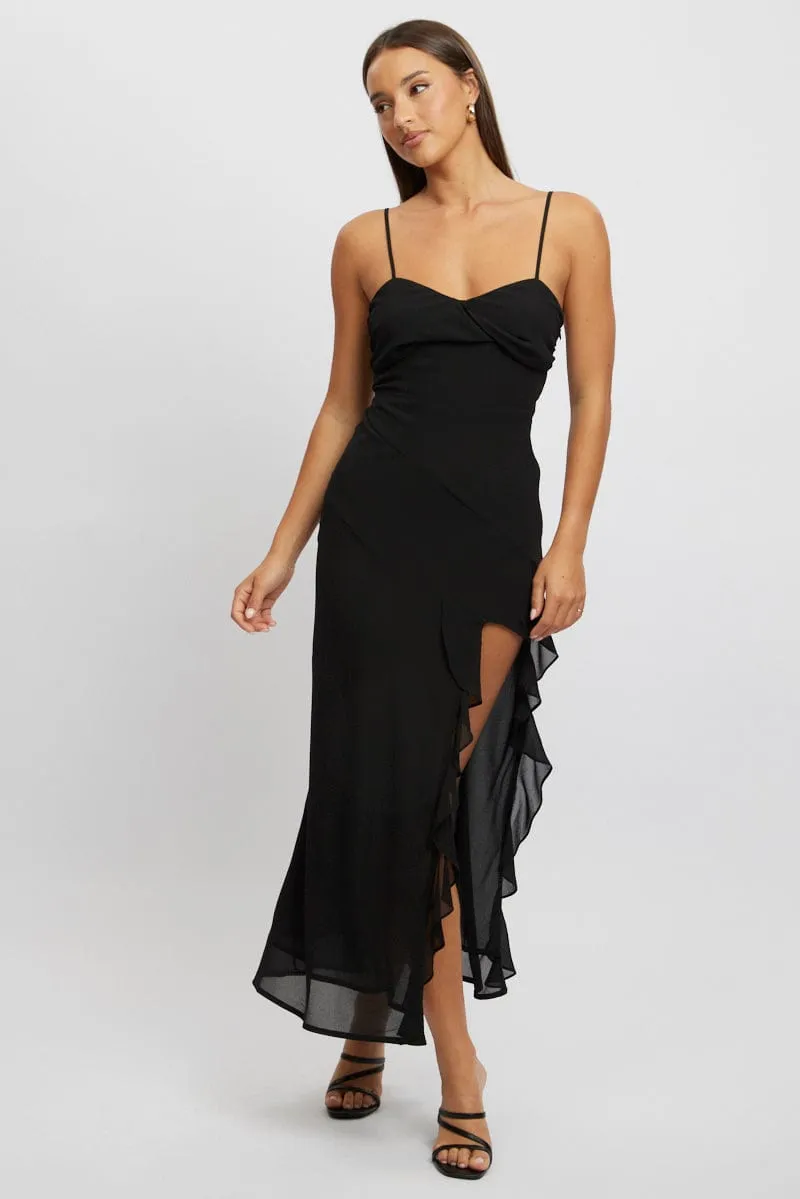 Black Bodycon Dress Maxi Ruffle Slit Chiffon Star Trail Effortless chic full-length dress