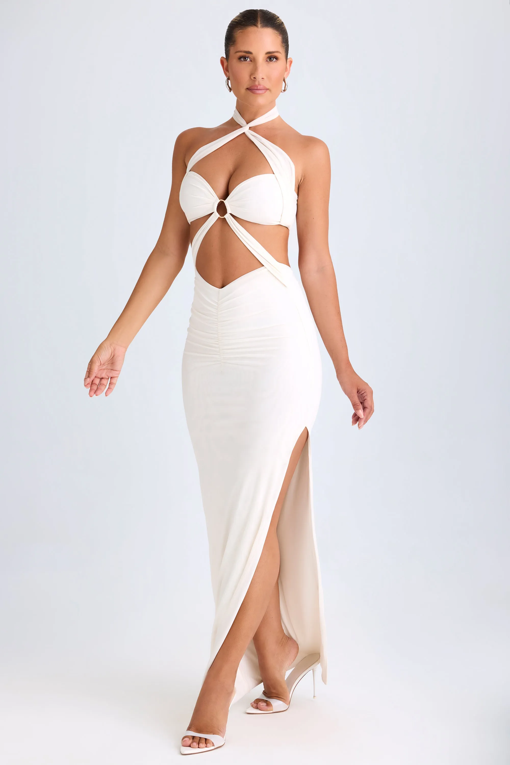 Cut-Out Ruched Halterneck Maxi Dress in White color block