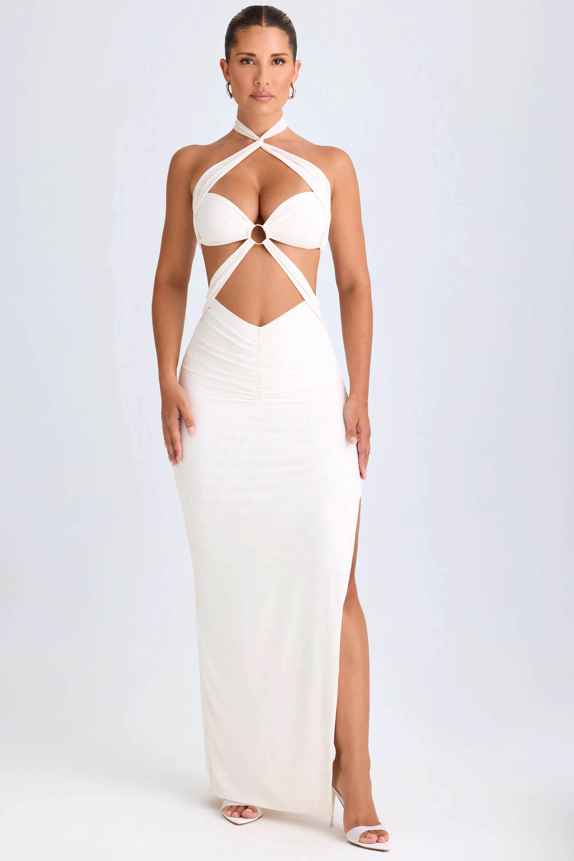 Cut-Out Ruched Halterneck Maxi Dress in White Knot Art