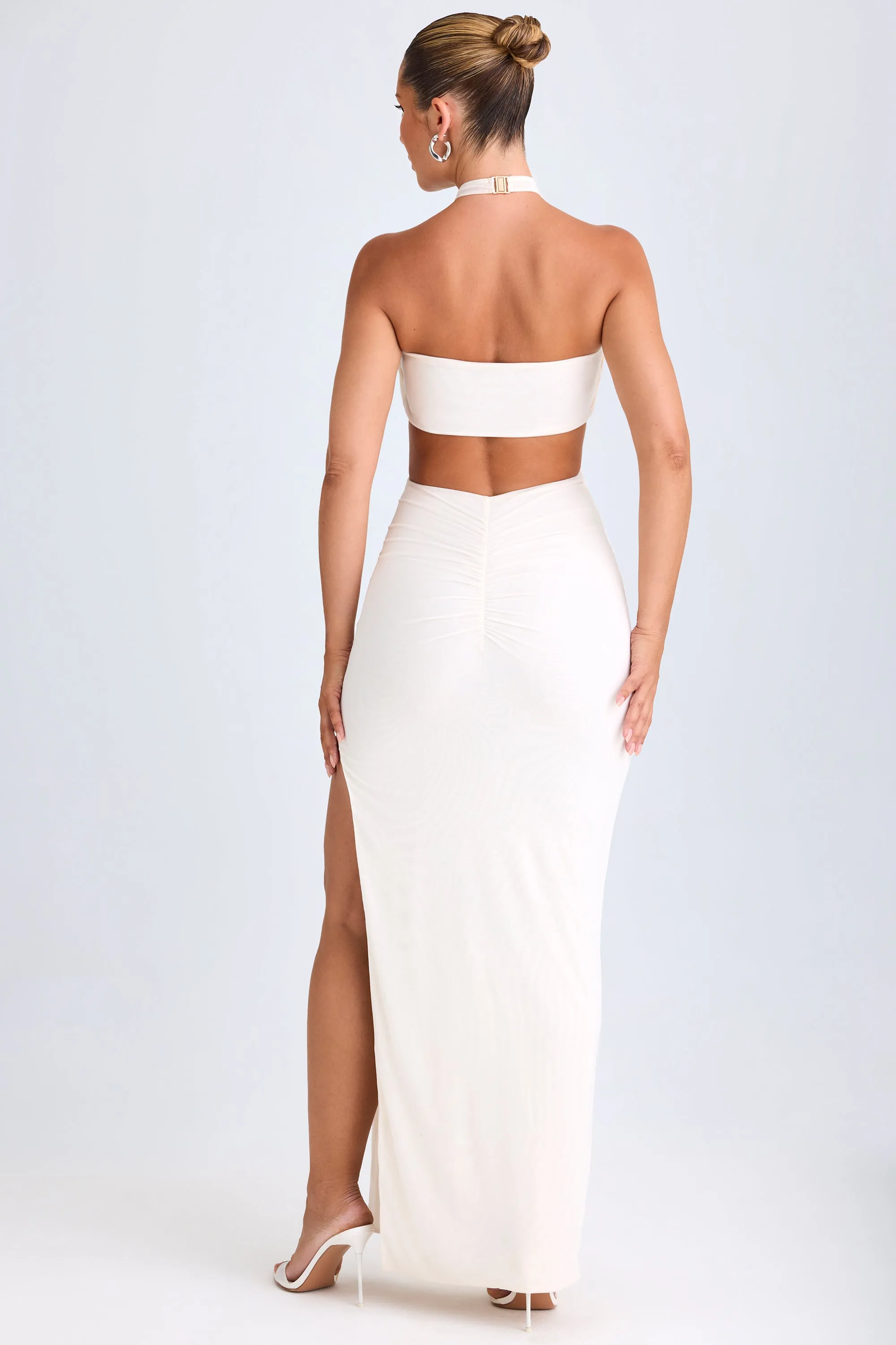 Plaza Glow Wind Proof Cut-Out Ruched Halterneck Maxi Dress in White