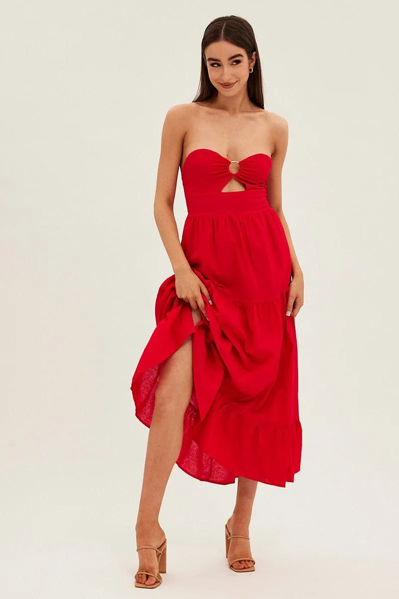 Red Maxi Dress Sleeveless Bandeau Ring Detail Night Breeze