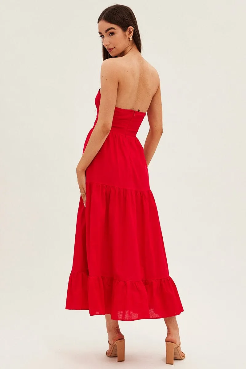 Red Maxi Dress Sleeveless Bandeau Ring Detail bohemian flair
