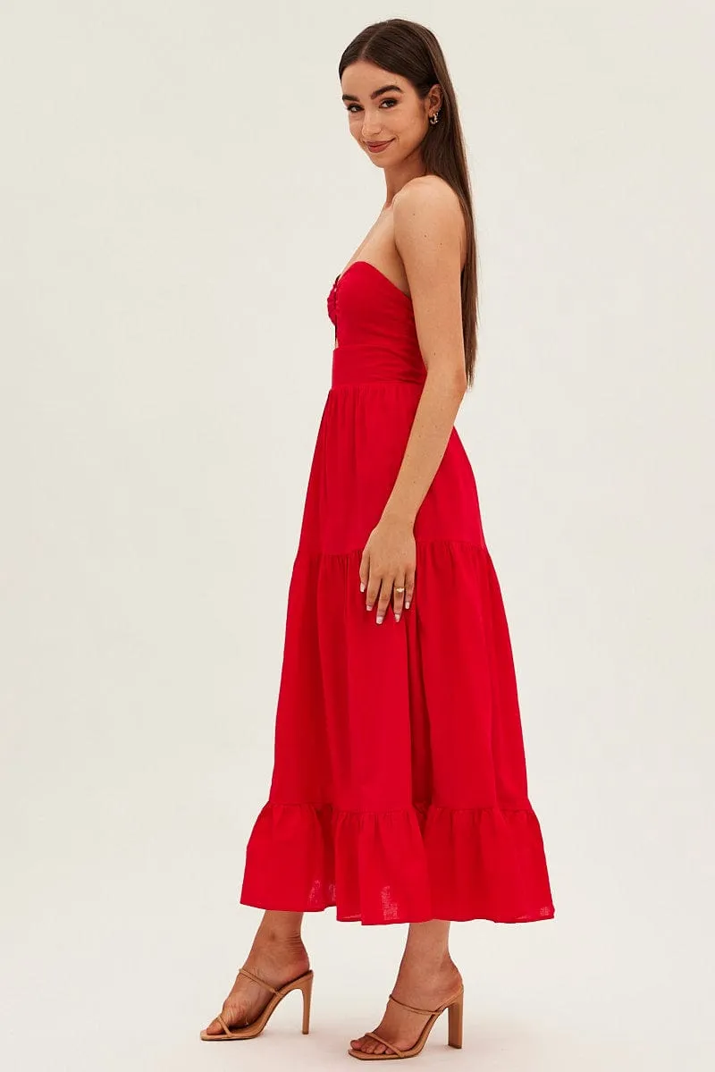 Breezy resort wear Red Maxi Dress Sleeveless Bandeau Ring Detail