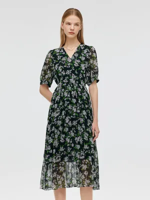 10 Momme Mulberry Silk Floral Print Women Midi Dress Linen Cool