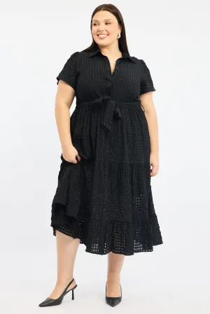 Comfortable chic Black Shirt Dress Short Sleeve Tiered Self Check