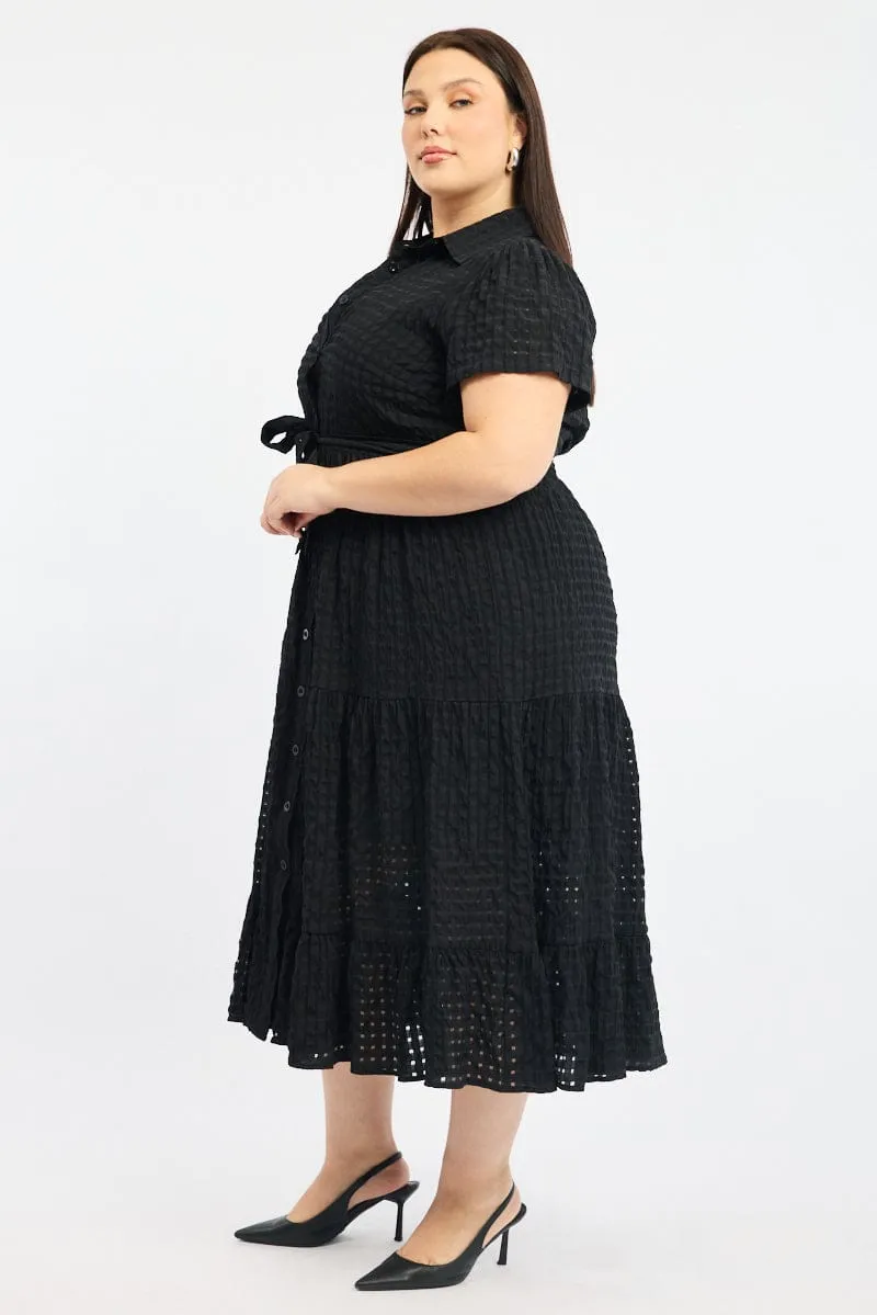 All-Season Style Comfortable Layers Black Shirt Dress Short Sleeve Tiered Self Check
