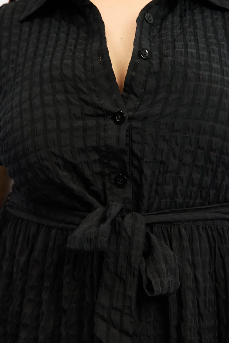 Palace View Heat Wave Black Shirt Dress Short Sleeve Tiered Self Check