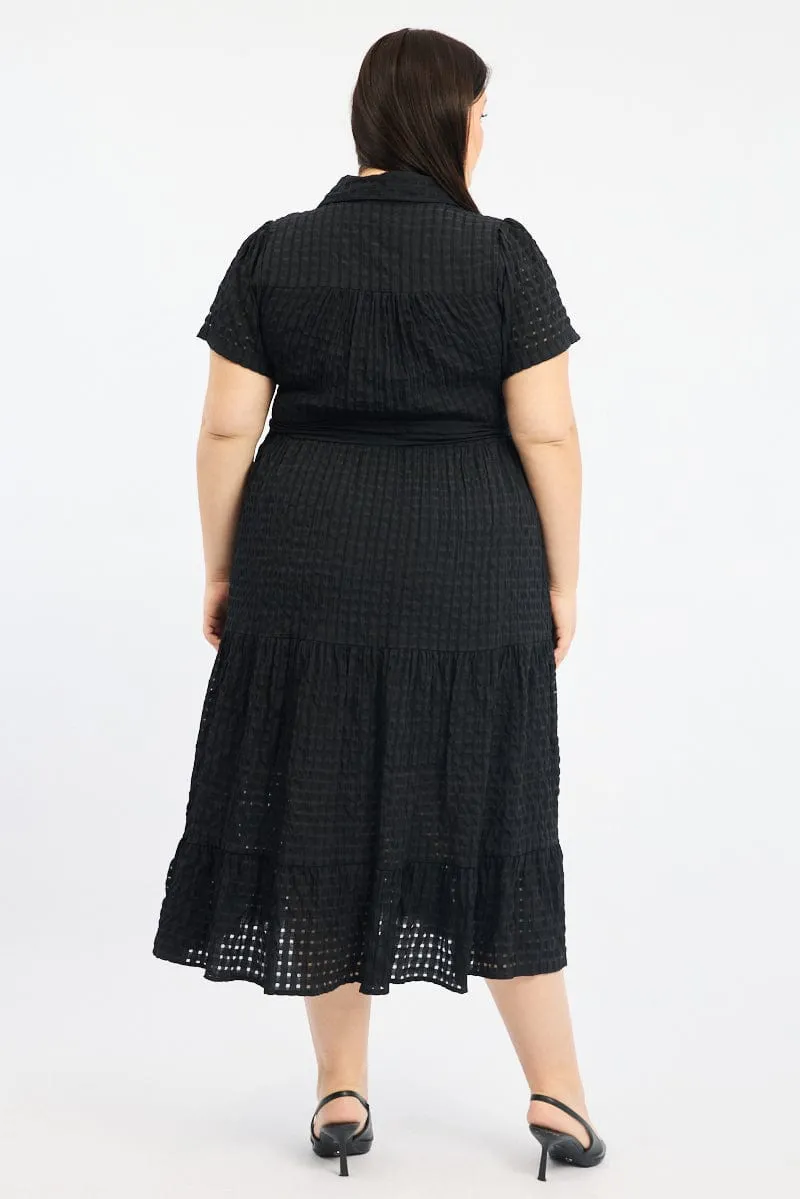 Black Shirt Dress Short Sleeve Tiered Self Check Forest trail Relaxed Look