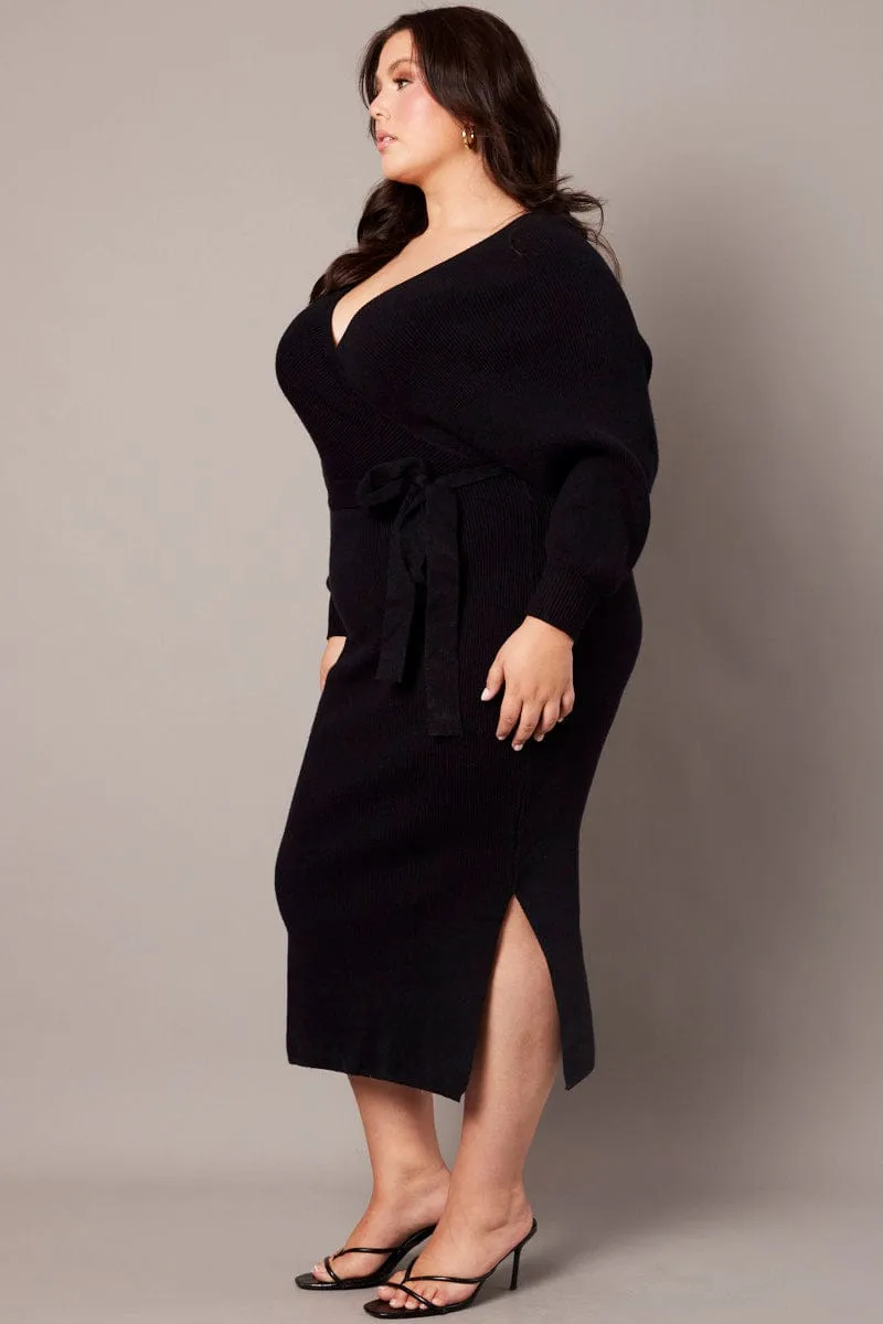 Black Knit Midi Dress Everyday Smart Metal Shine