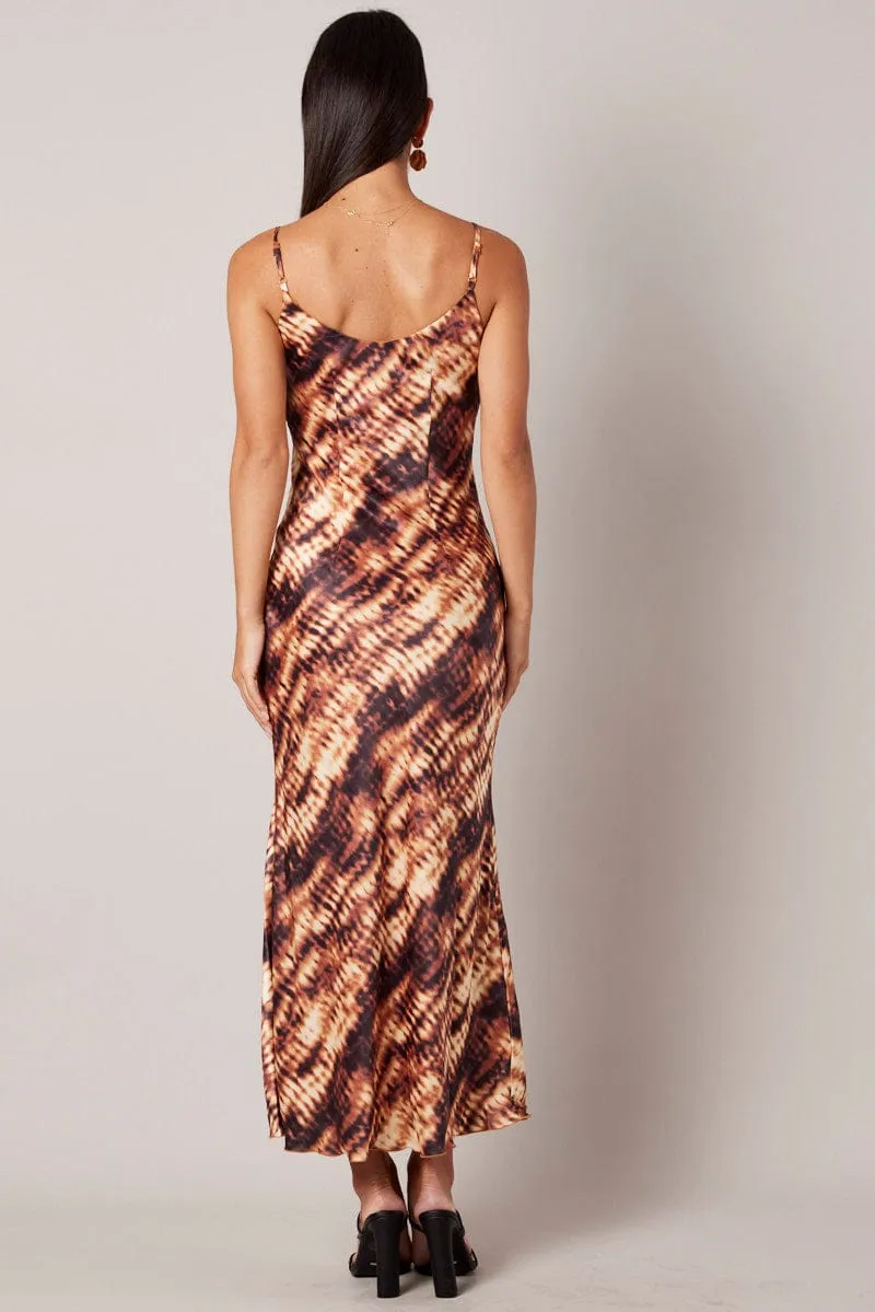 Quartz Shine Brown Abstract Maxi Dress Strappy