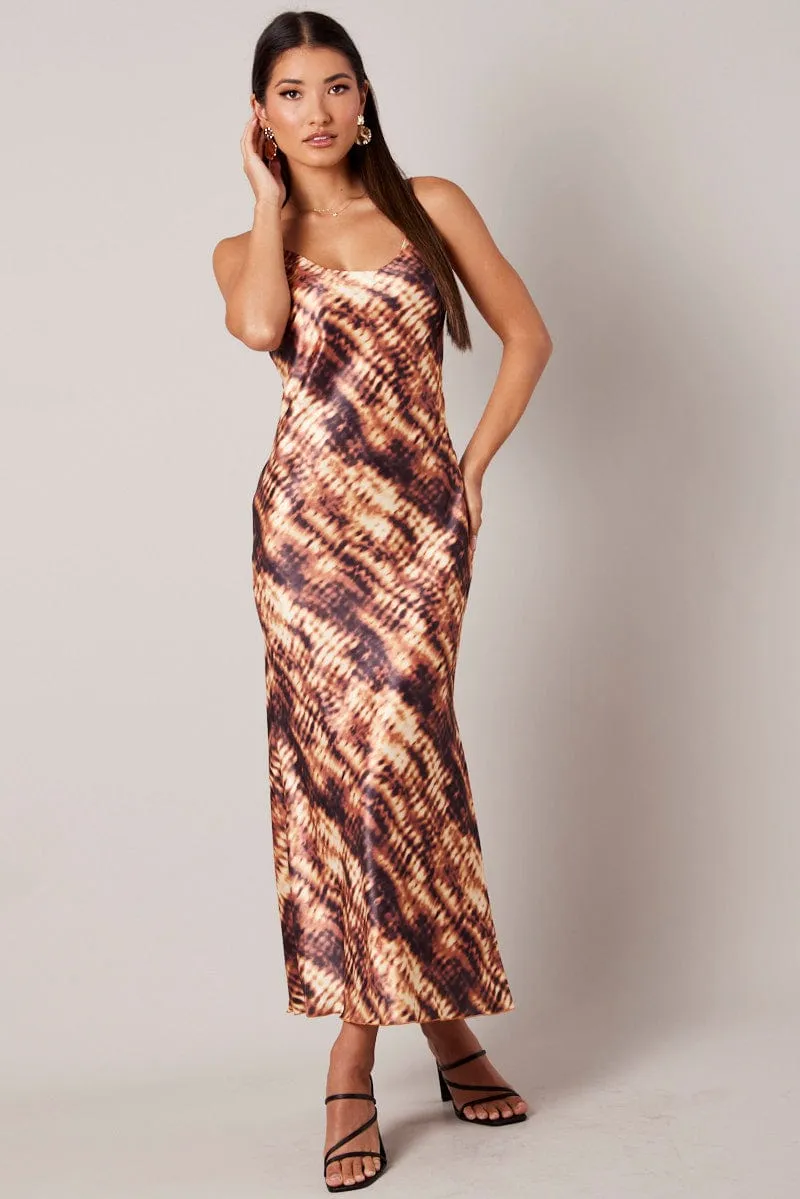 Brown Abstract Maxi Dress Strappy Sage Green