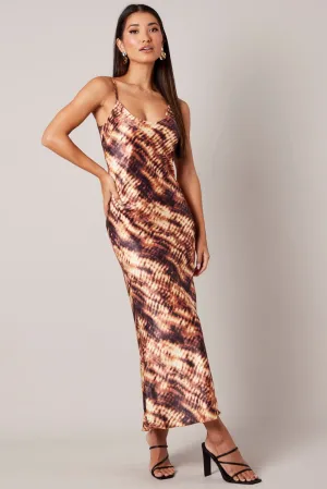 Brown Abstract Maxi Dress Strappy The simple silhouette of this dress makes it easy to style for both day and night wear This maxi dress offers a comfortable and flattering fit for any occasion