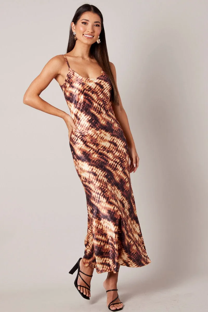 Iron Glow Brown Abstract Maxi Dress Strappy
