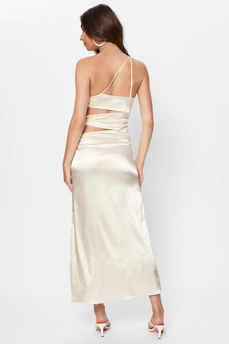 Moon Rise Beige Tie Side Cut Out Maxi Dress