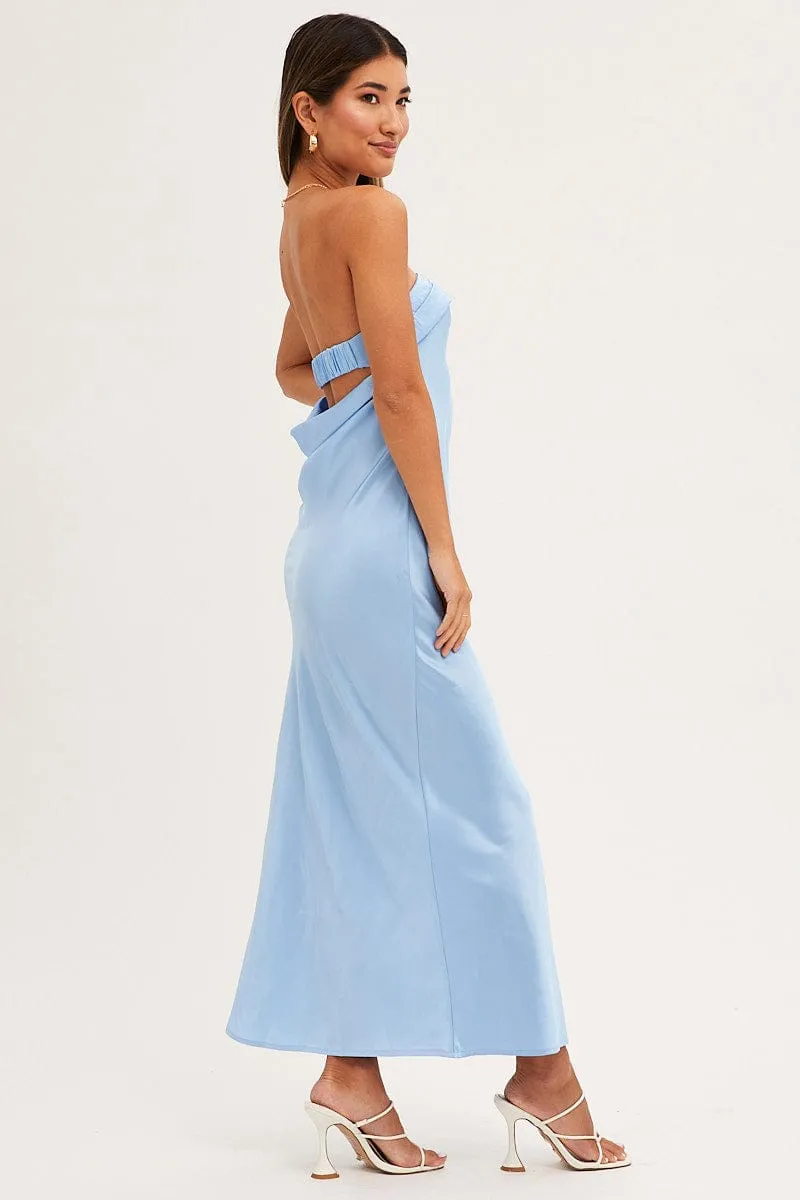 Blue Satin Dress Maxi Strapless Room Glow informal gathering