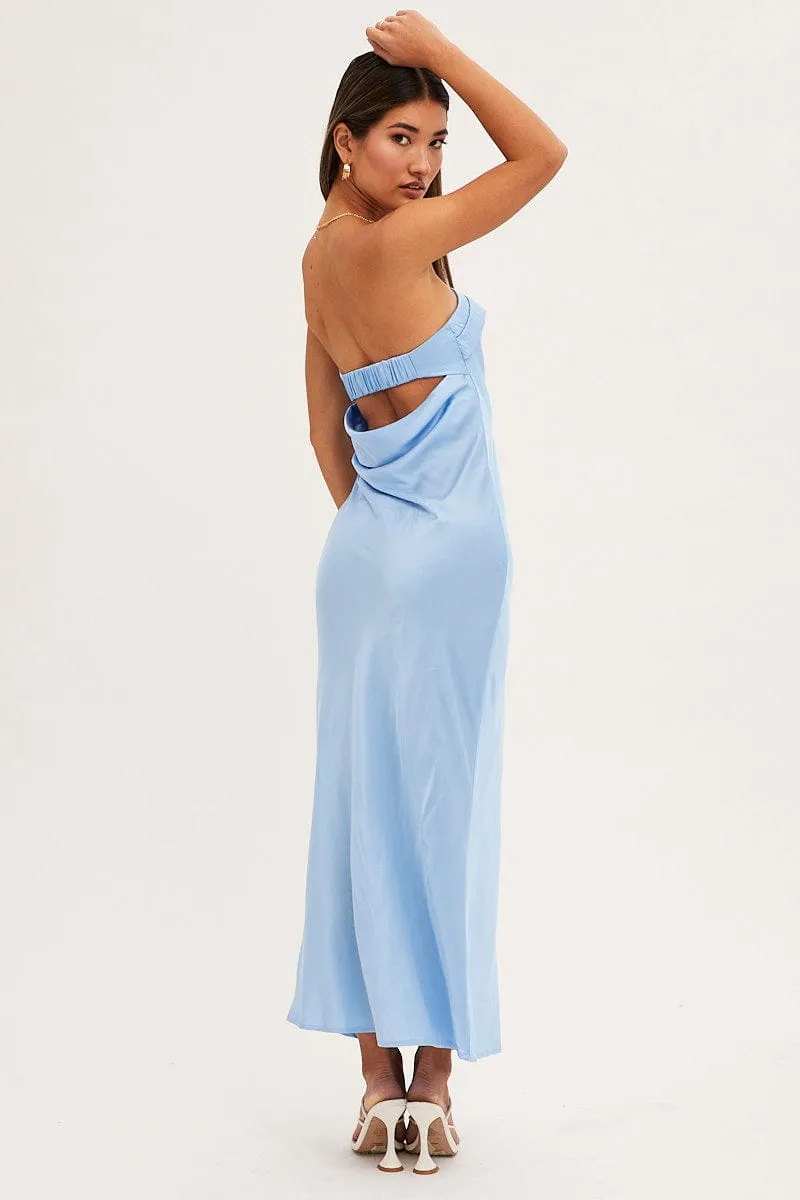Blue Satin Dress Maxi Strapless Star Light color block