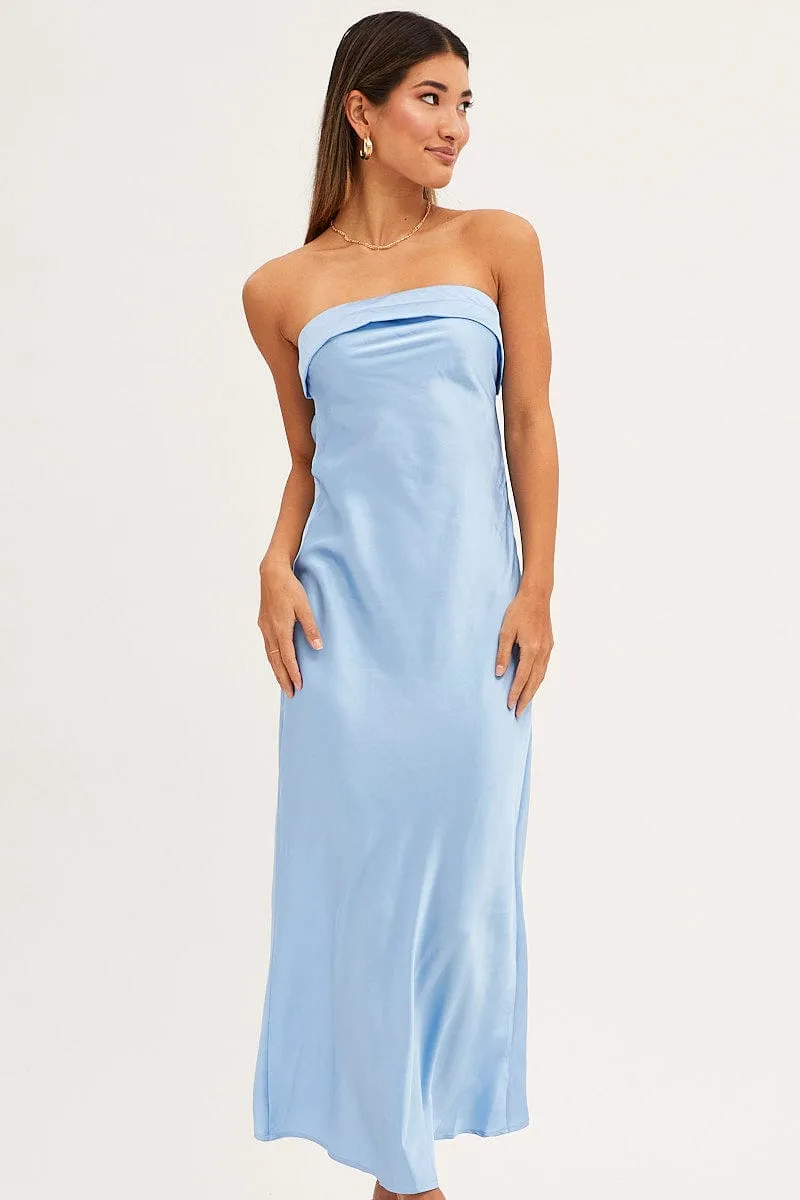 Blue Satin Dress Maxi Strapless Dream Flow Rainbow Arch