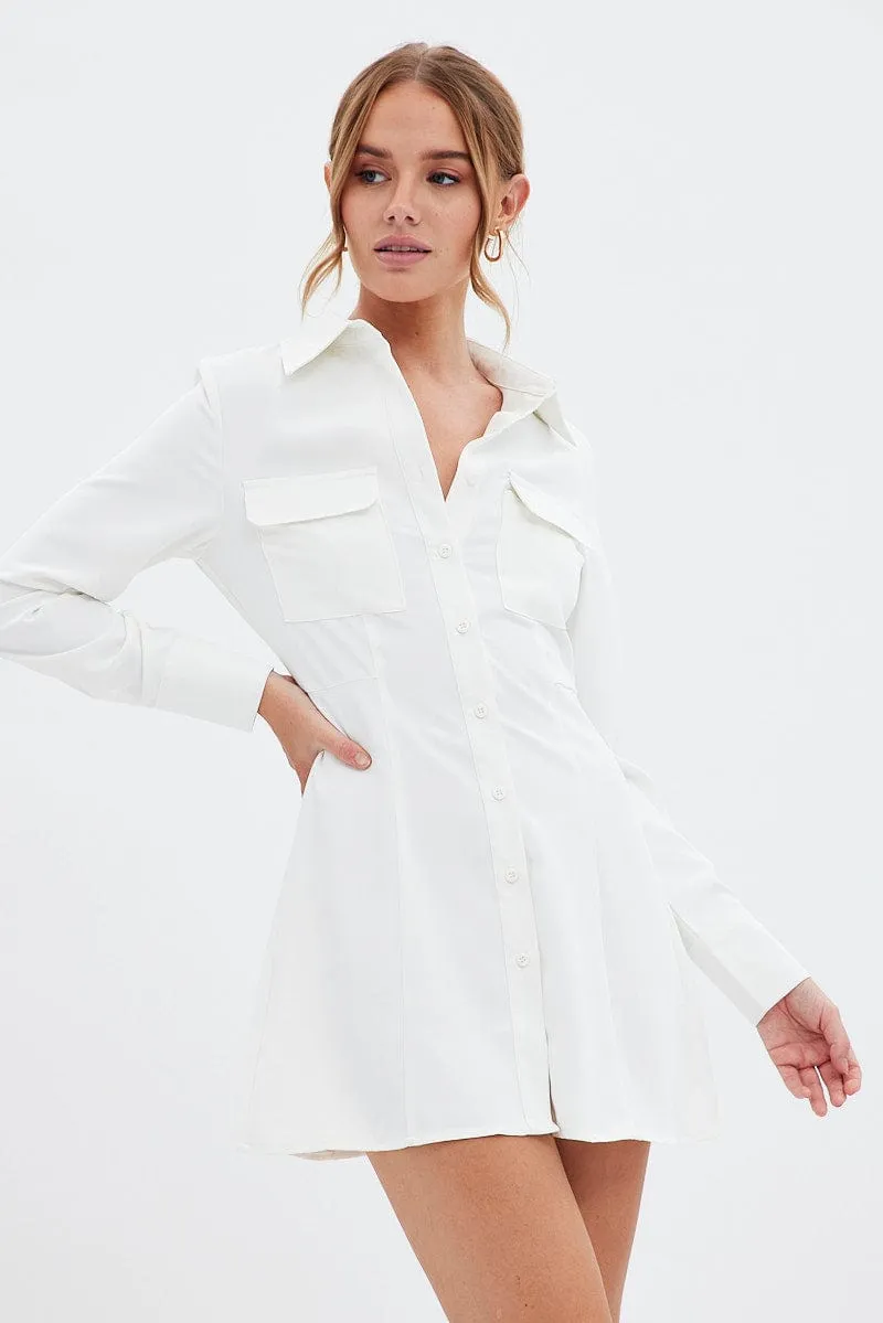 MultiPocket Design Vintage Style White Shirt Dress Long Sleeve