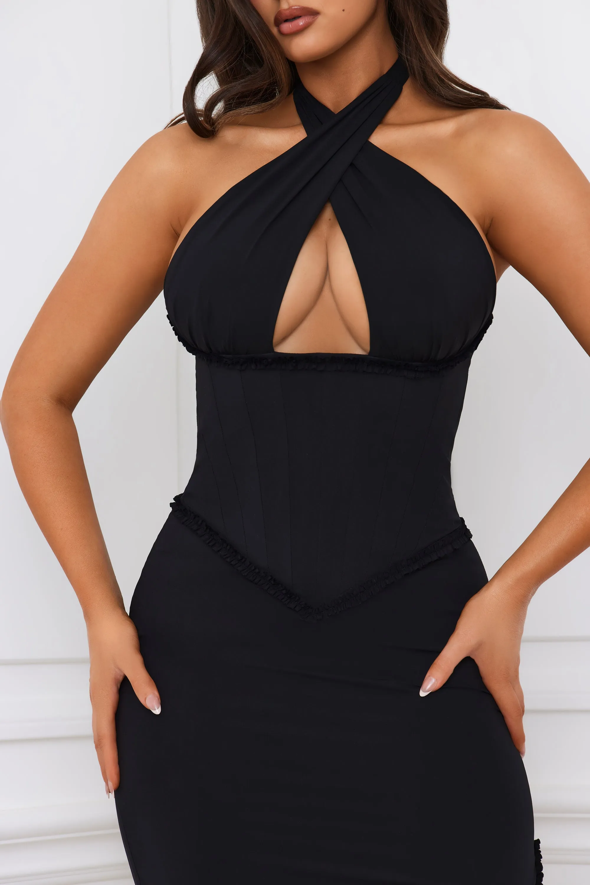 Halterneck Lace-Up Corset Maxi Dress in Black Breeze Path