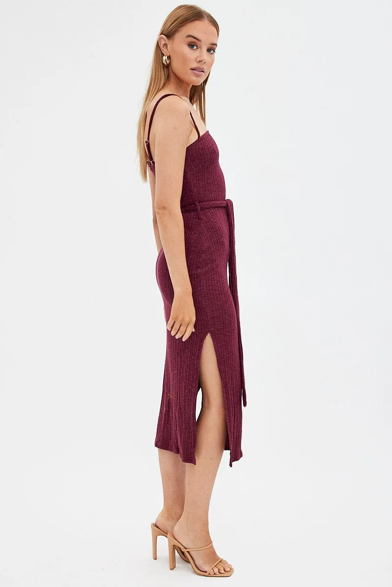 Red Maxi Dress Bodycon Tie Belted Rib Mesh Touch