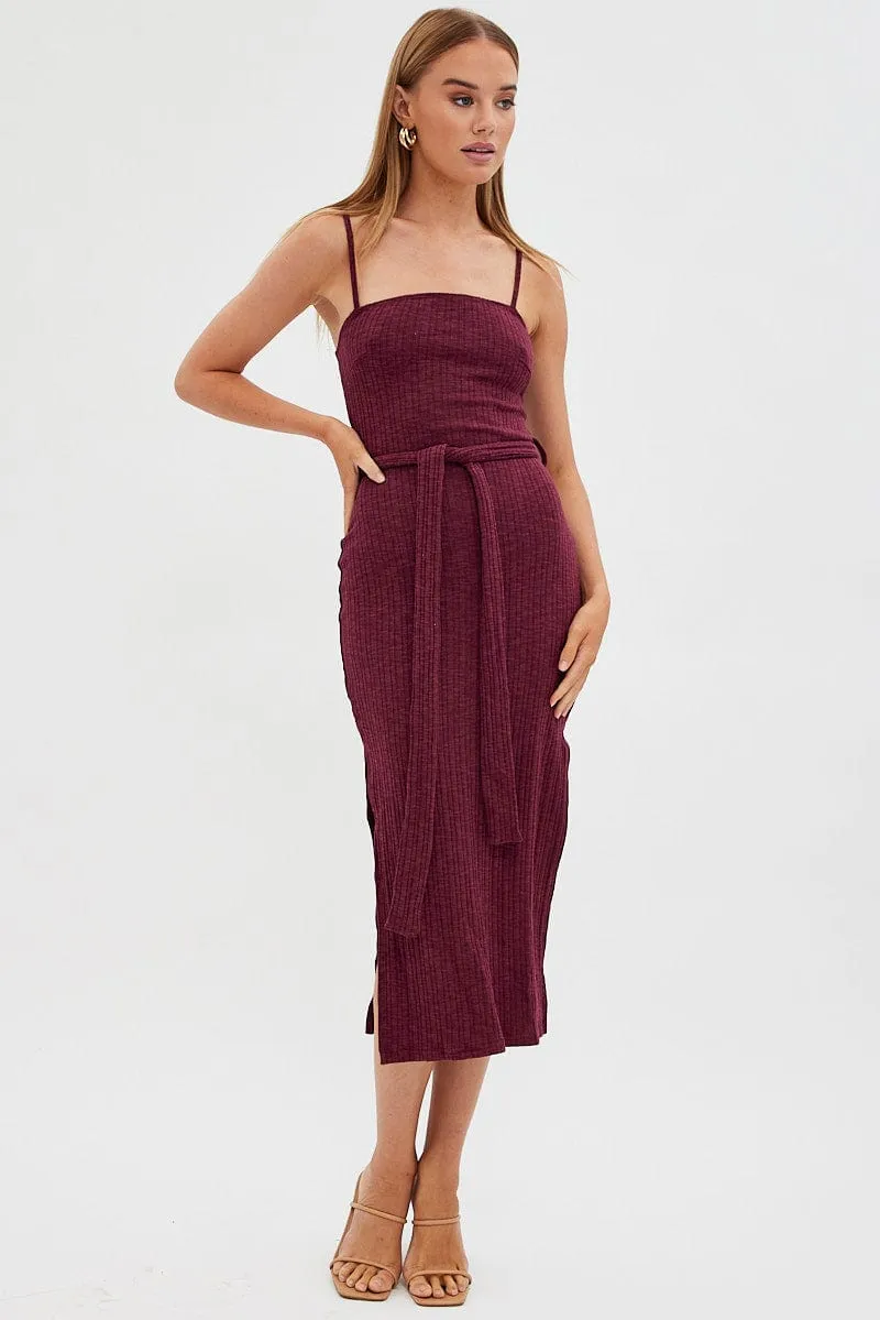 Trendy long-length summer piece Red Maxi Dress Bodycon Tie Belted Rib
