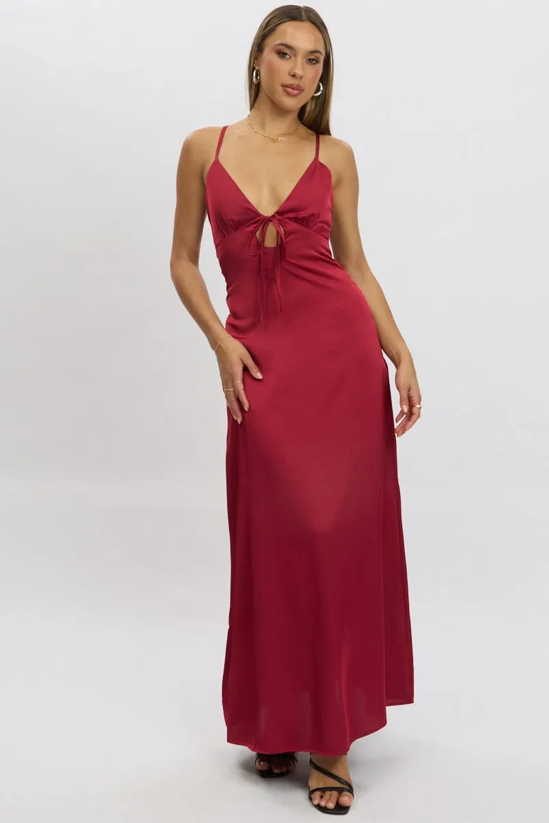 Red Maxi Dress Cut Out Satin The simple silhouette of this dress makes it easy to style for both day and night wear The dress??s versatile design allows you to wear it for work, weekend outings, or evening events