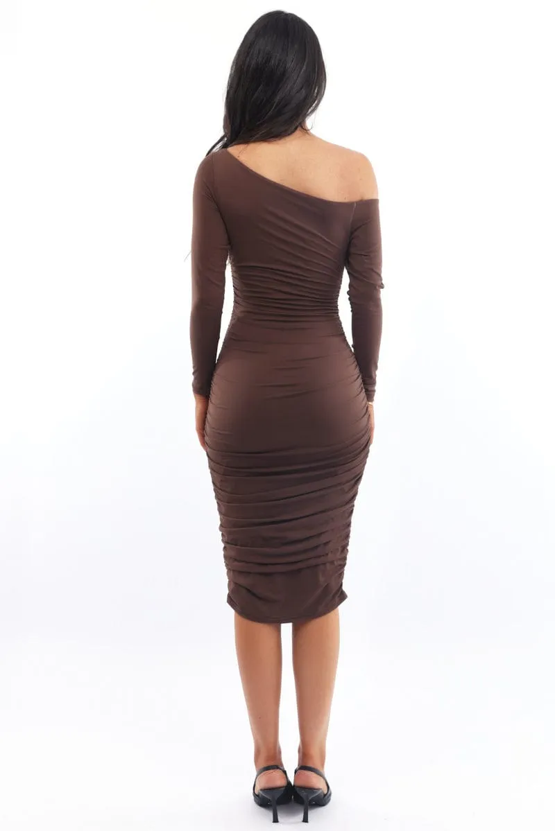 Mind Ease Adjustable drawstring Brown Bodycon Dress Long Sleeve
