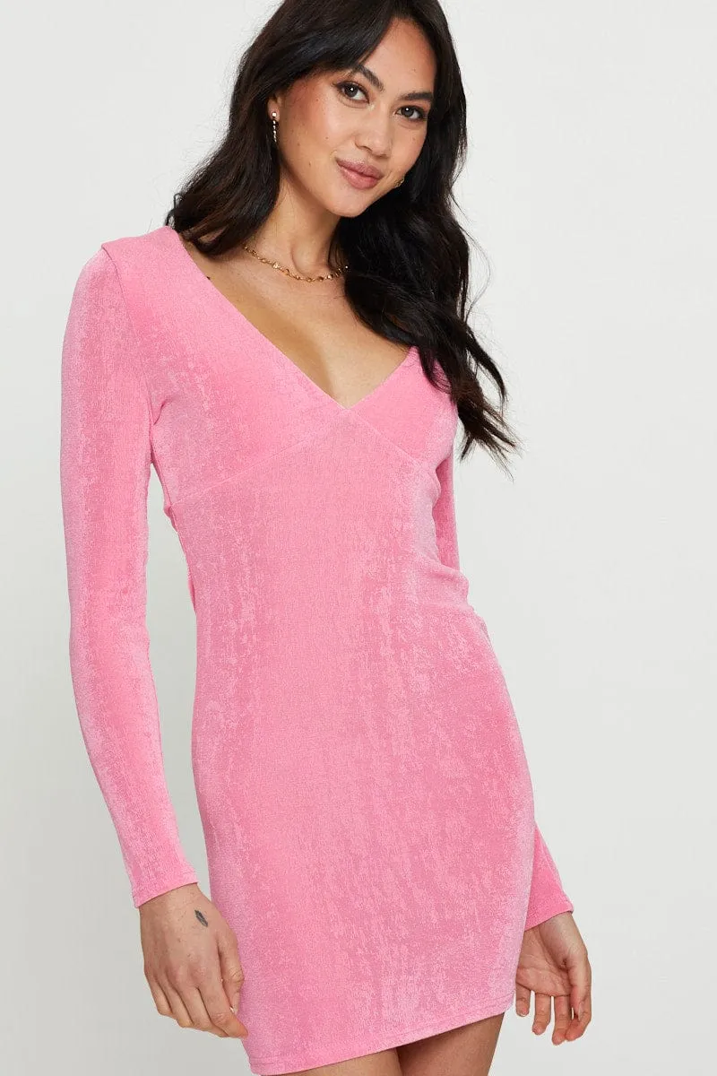 Pink Bodycon Dress Long Sleeve AntiPillingTechnology ReflectiveDetails