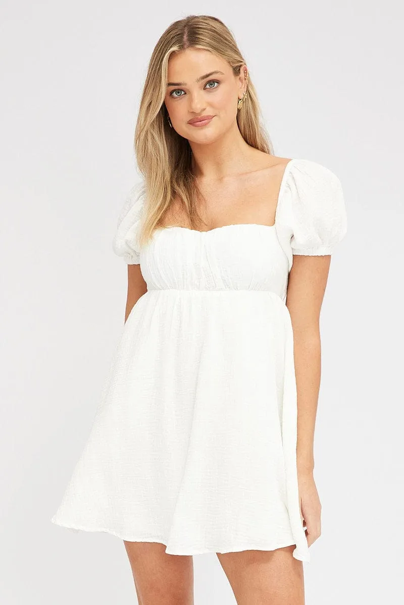 Tight Core AdjustableHemline White Fit and Flare Dress Short Sleeve Tie Back Babydoll