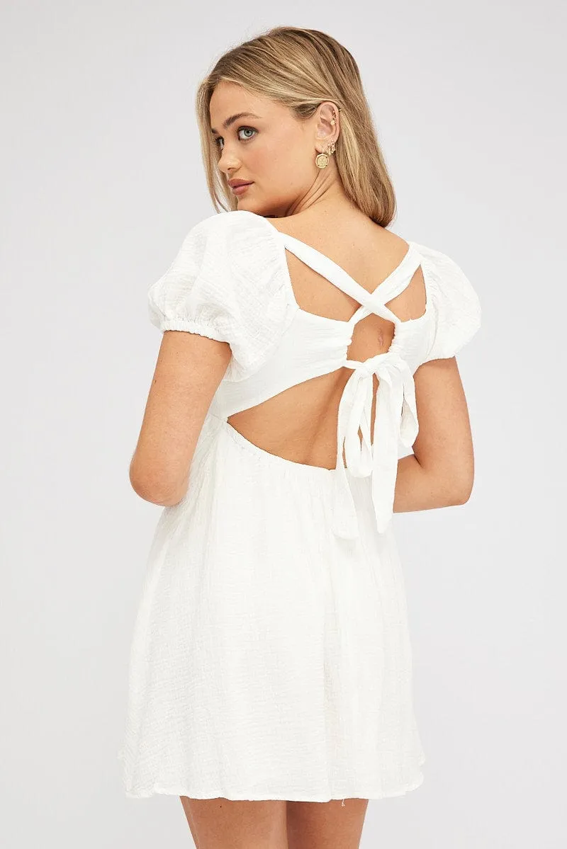 ReflectiveTrimDetails White Fit and Flare Dress Short Sleeve Tie Back Babydoll