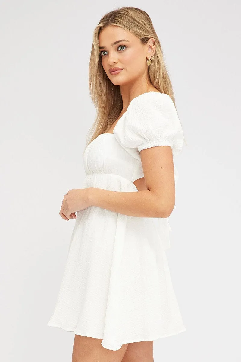 Quiet Luxury White Fit and Flare Dress Short Sleeve Tie Back Babydoll