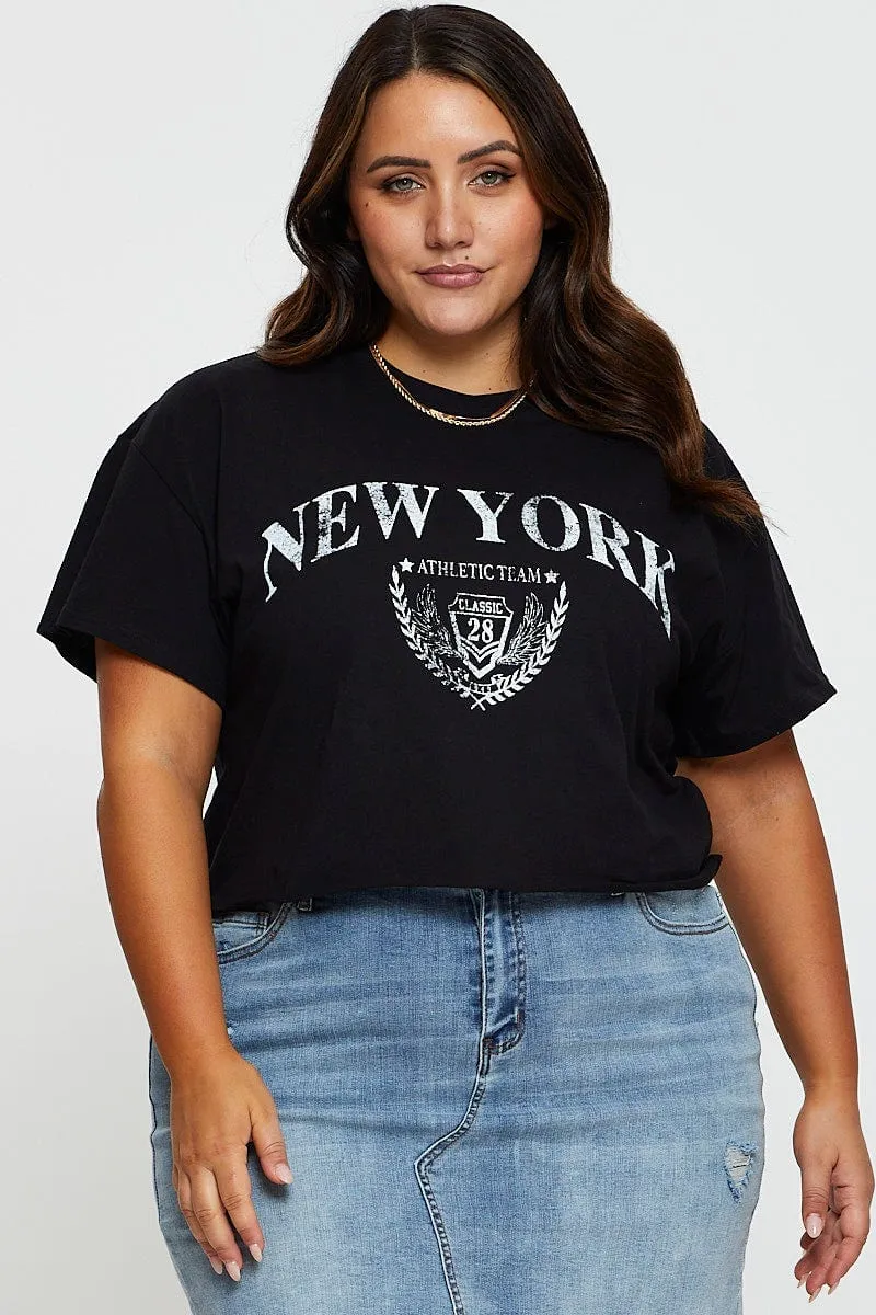Black Graphic T-shirt New York Crew Neck Short Sleeve Drop Shoulder Cut