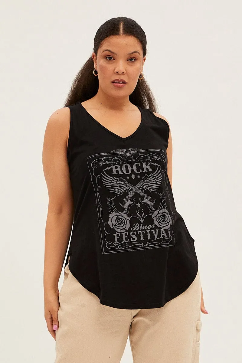 Black Sleeveless Curve Hem Rock Festival Tank Top sale season