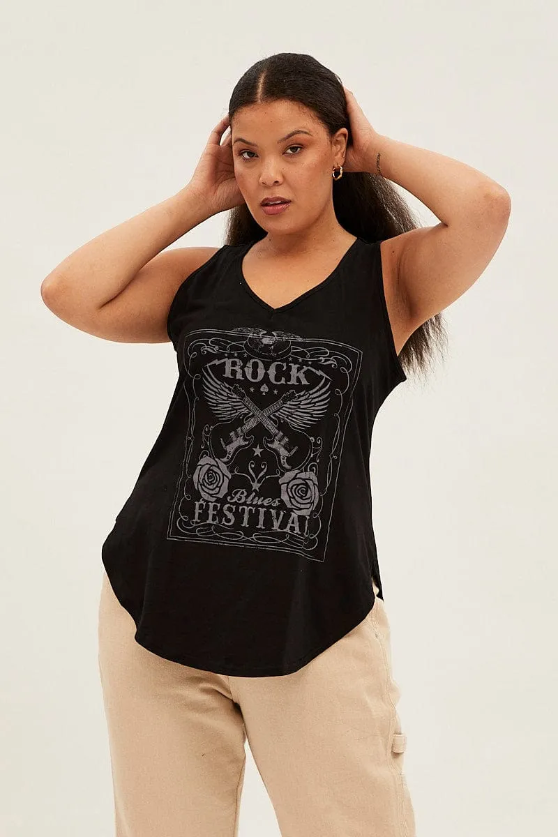 SeamFreeShoulders Black Sleeveless Curve Hem Rock Festival Tank Top