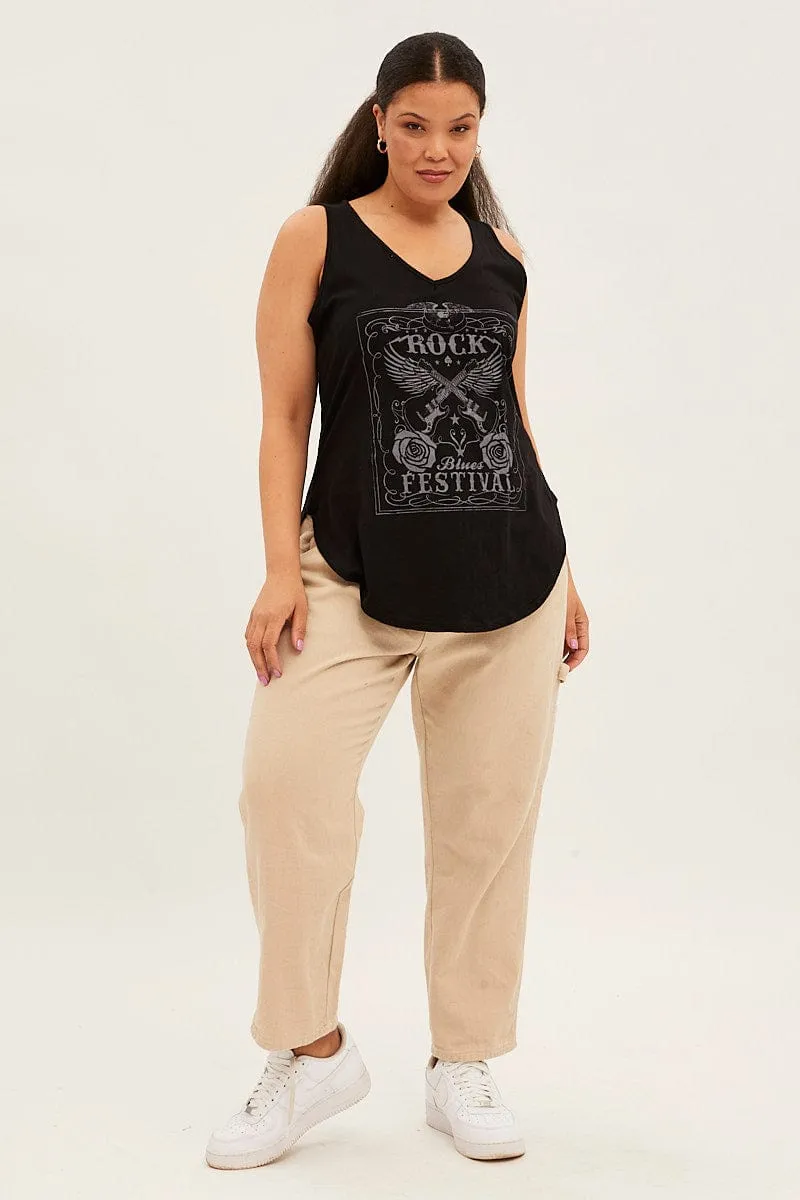 Retro nostalgia Black Sleeveless Curve Hem Rock Festival Tank Top