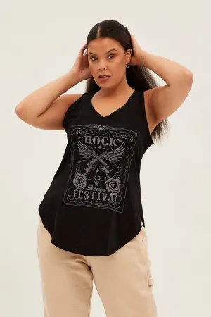 SeamFreeShoulders Black Sleeveless Curve Hem Rock Festival Tank Top