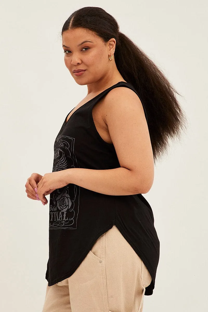 Eco friendly materials Black Sleeveless Curve Hem Rock Festival Tank Top