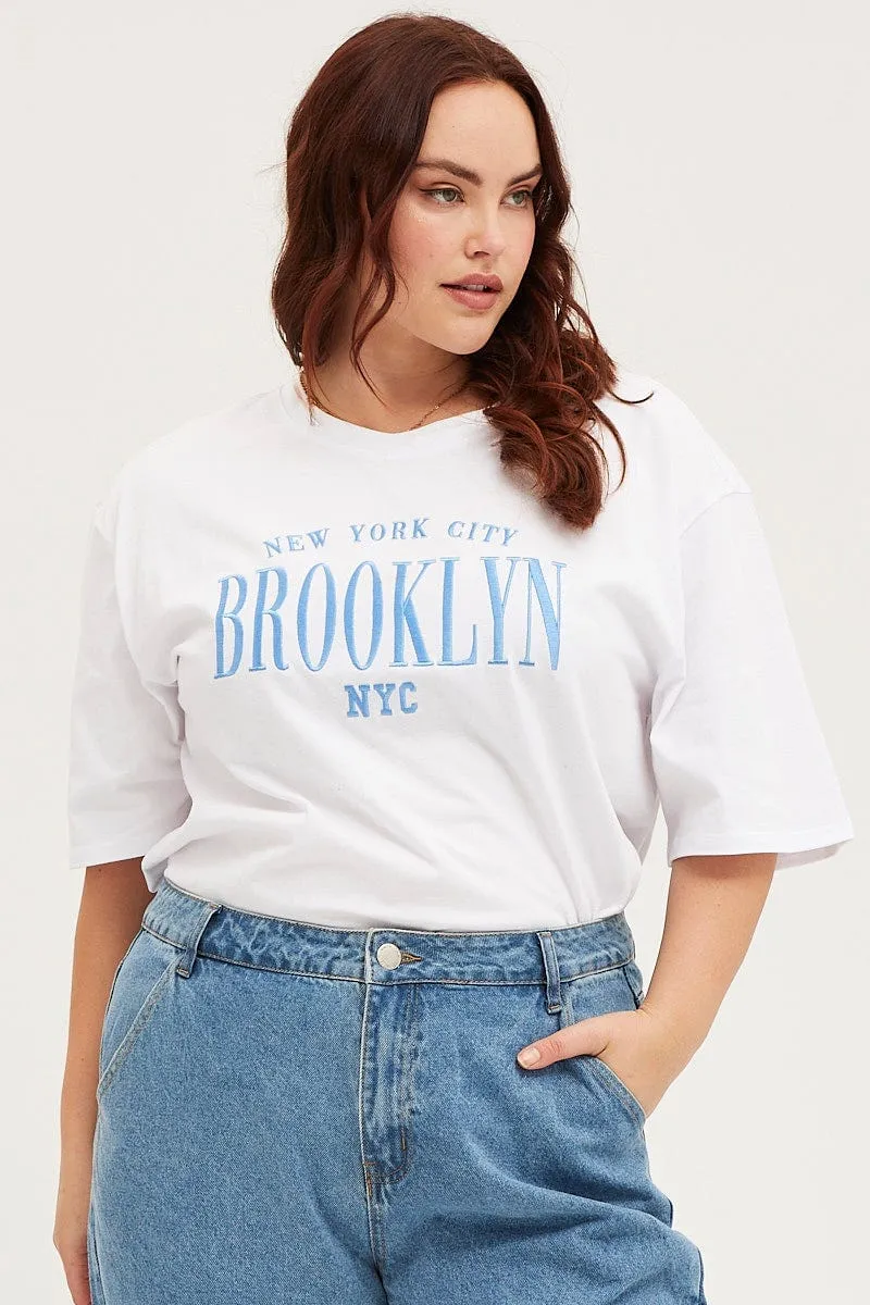 Breathable mesh panel Fun and Comfortable White Oversized T-shirt Brooklyn Crew Neck Short Sleeve